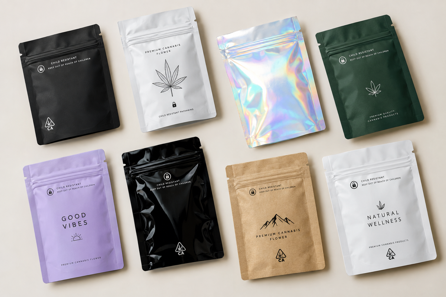 Flat-lay of branded child-resistant mylar bags